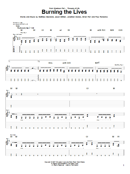Shadows Fall Burning The Lives sheet music notes and chords arranged for Guitar Tab