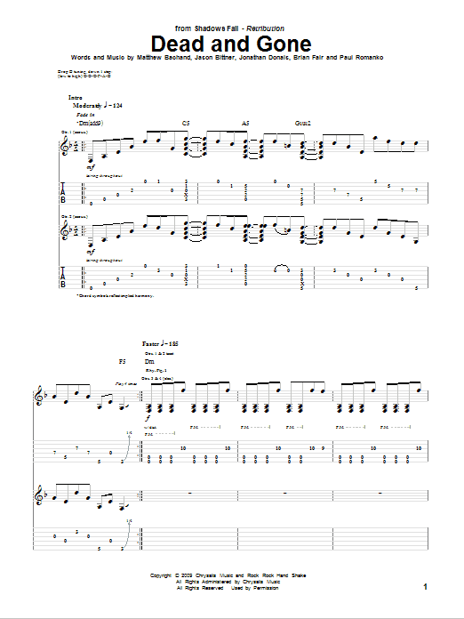Shadows Fall Dead And Gone sheet music notes and chords arranged for Guitar Tab