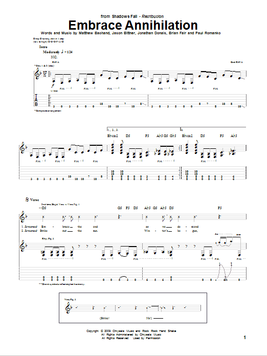Shadows Fall Embrace Annihilation sheet music notes and chords arranged for Guitar Tab