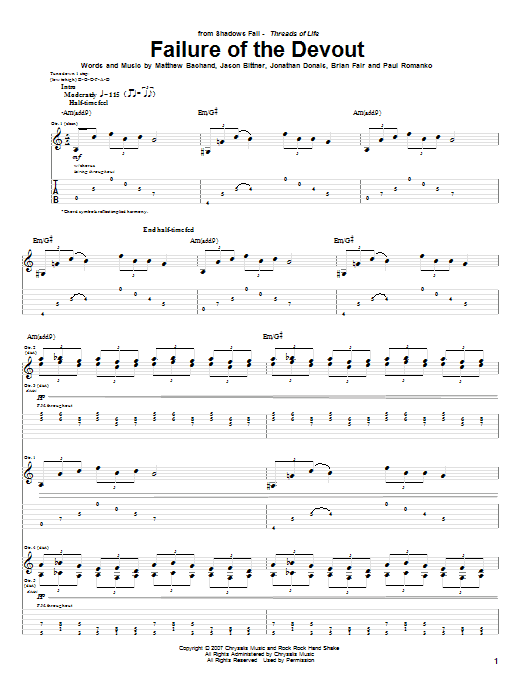 Shadows Fall Failure Of The Devout sheet music notes and chords arranged for Guitar Tab