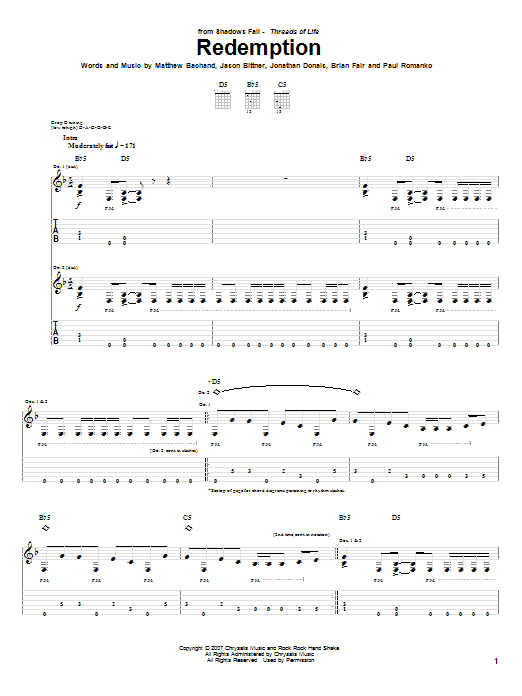 Shadows Fall Redemption sheet music notes and chords arranged for Guitar Tab