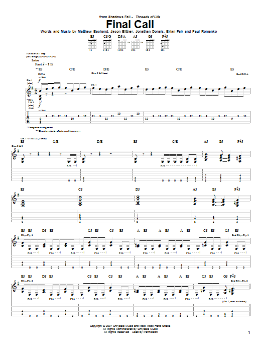 Shadows Fall Final Call sheet music notes and chords arranged for Guitar Tab