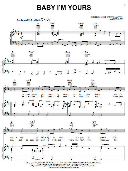 Shai Baby I'm Yours sheet music notes and chords arranged for Piano, Vocal & Guitar Chords (Right-Hand Melody)