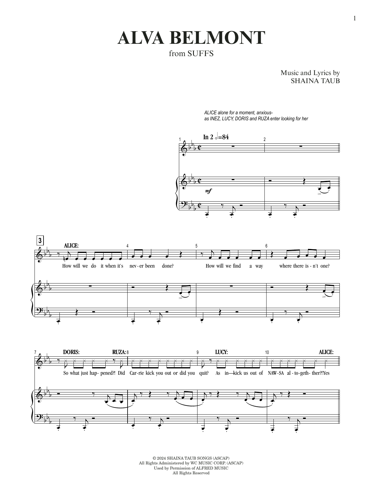 Shaina Taub Alva Belmont (from Suffs) sheet music notes and chords arranged for Piano & Vocal