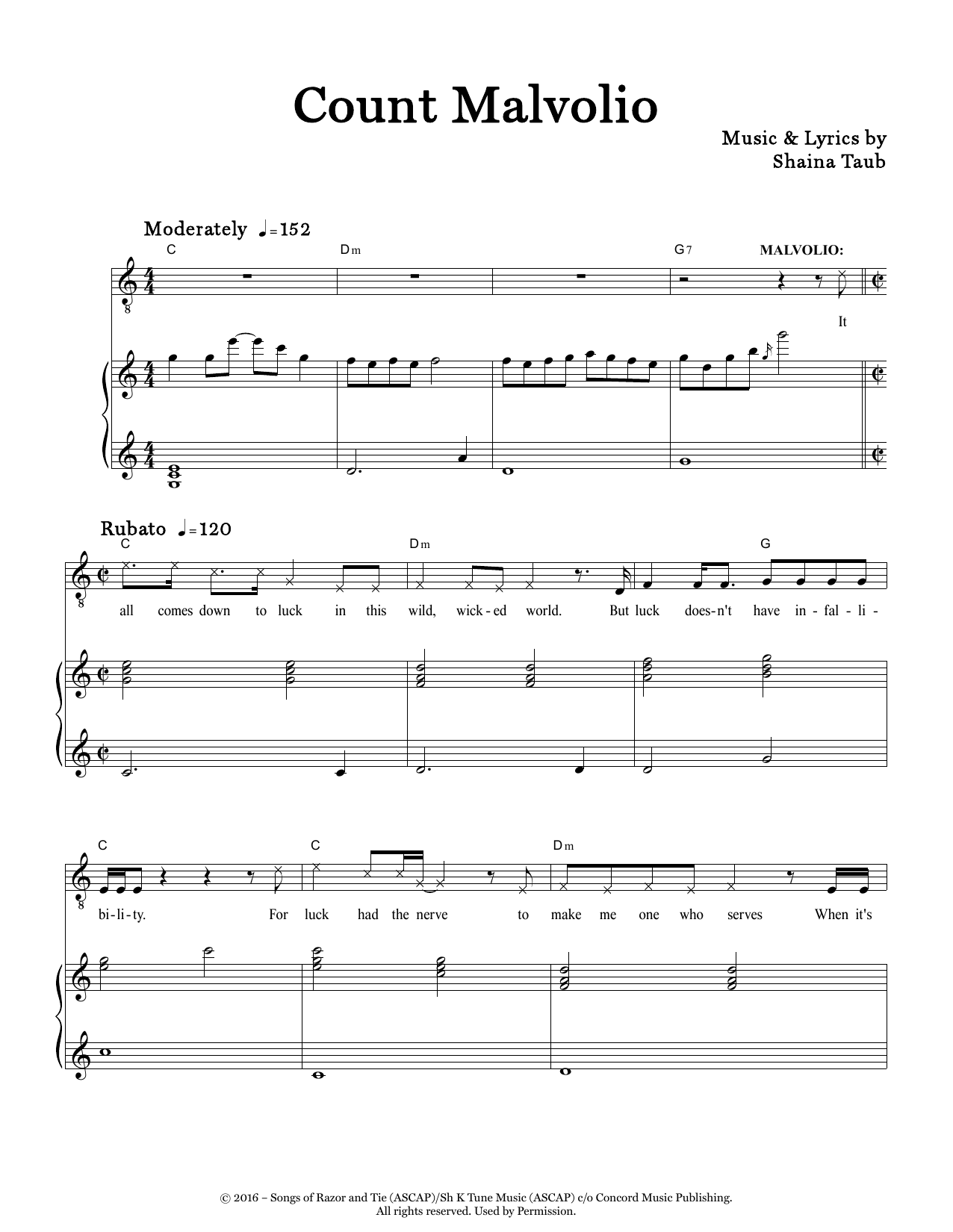 Shaina Taub Count Malvolio (from Twelfth Night) sheet music notes and chords arranged for Piano & Vocal