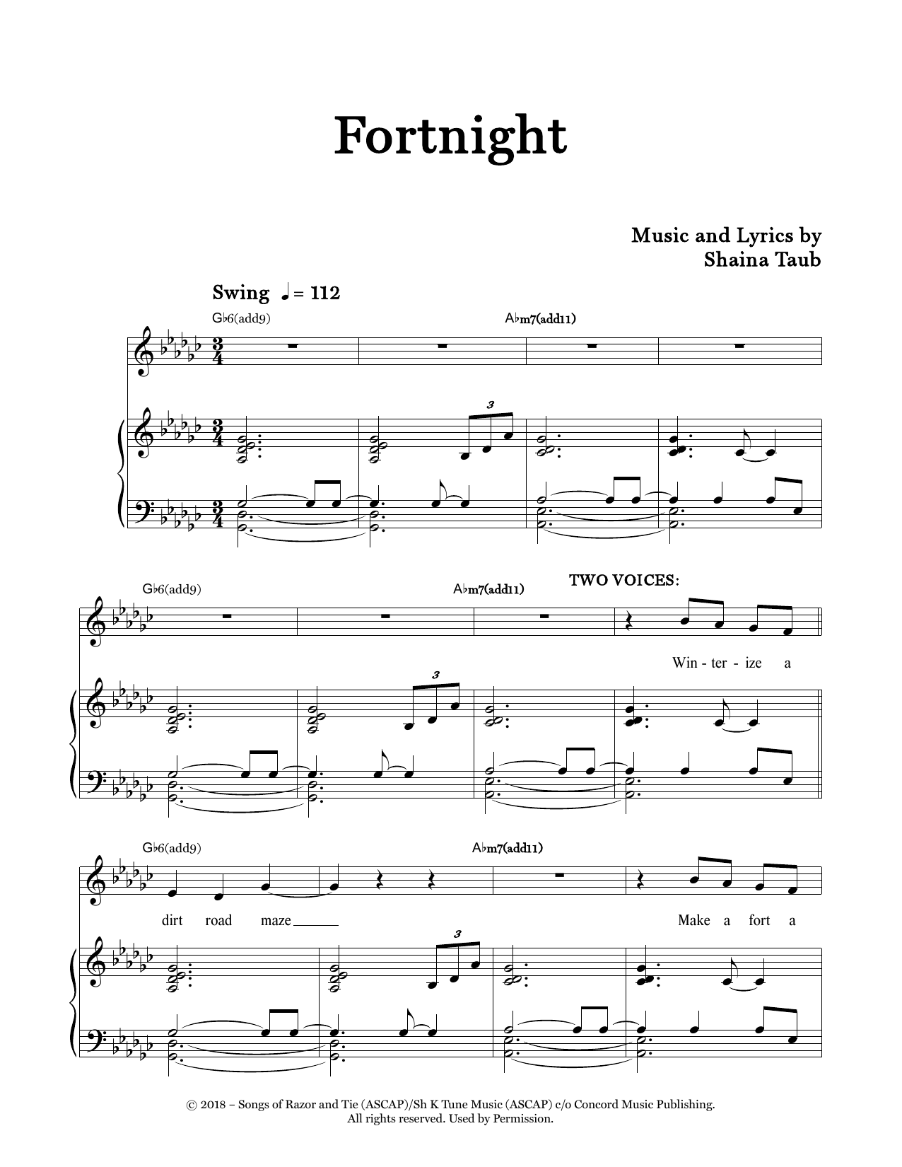 Shaina Taub Fortnight sheet music notes and chords arranged for Piano & Vocal