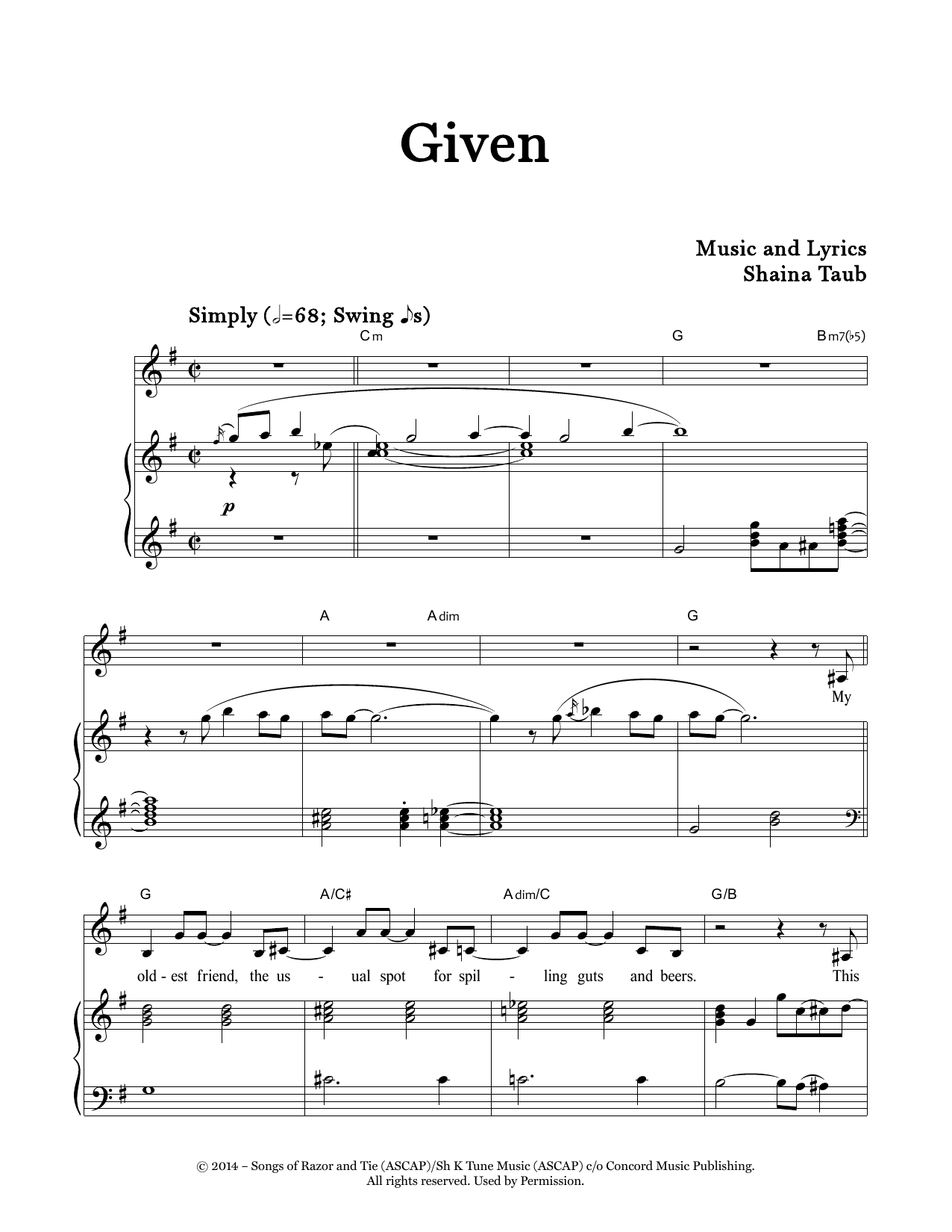 Shaina Taub Given sheet music notes and chords arranged for Piano & Vocal