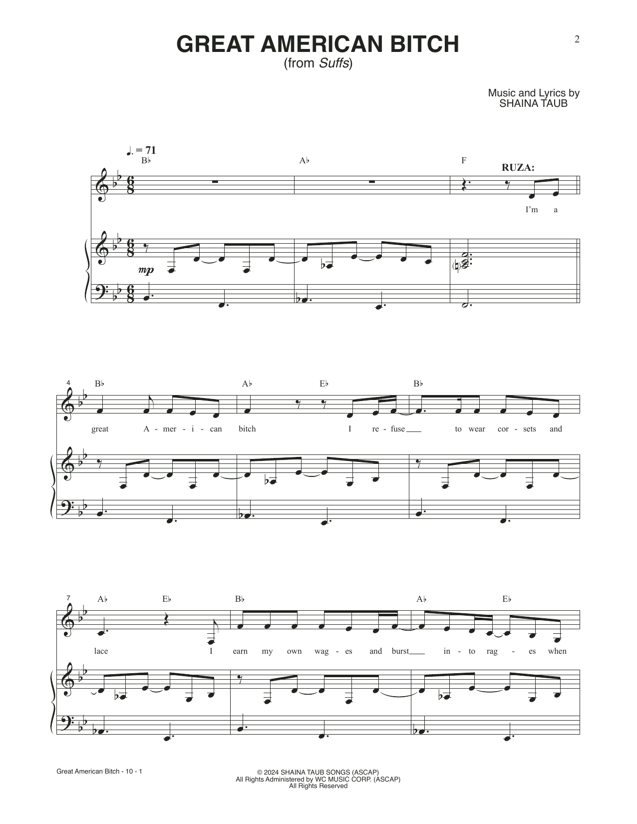 Shaina Taub Great American Bitch (from Suffs) sheet music notes and chords arranged for Piano & Vocal