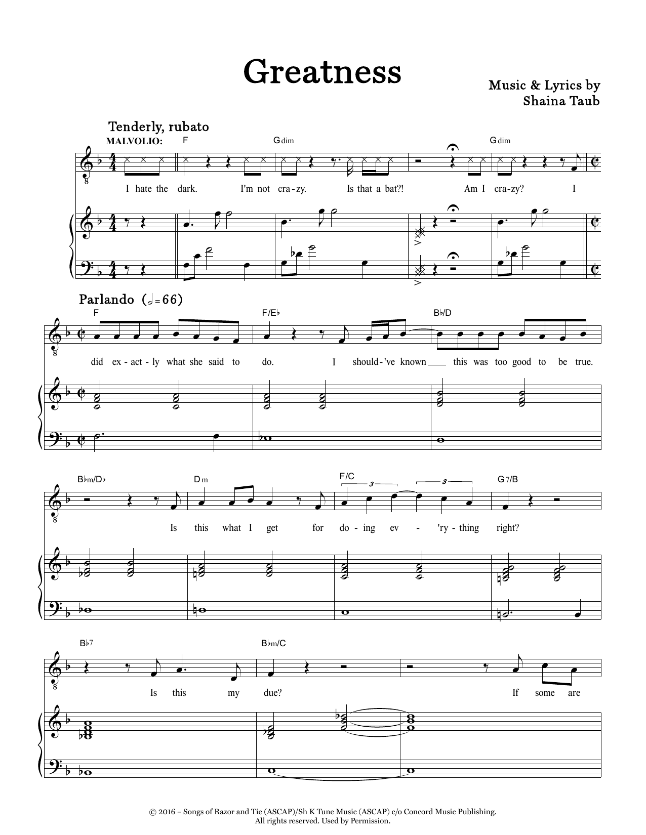 Shaina Taub Greatness (from Twelfth Night) sheet music notes and chords arranged for Piano & Vocal