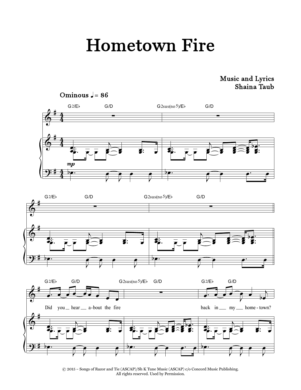 Shaina Taub Hometown Fire sheet music notes and chords arranged for Piano & Vocal