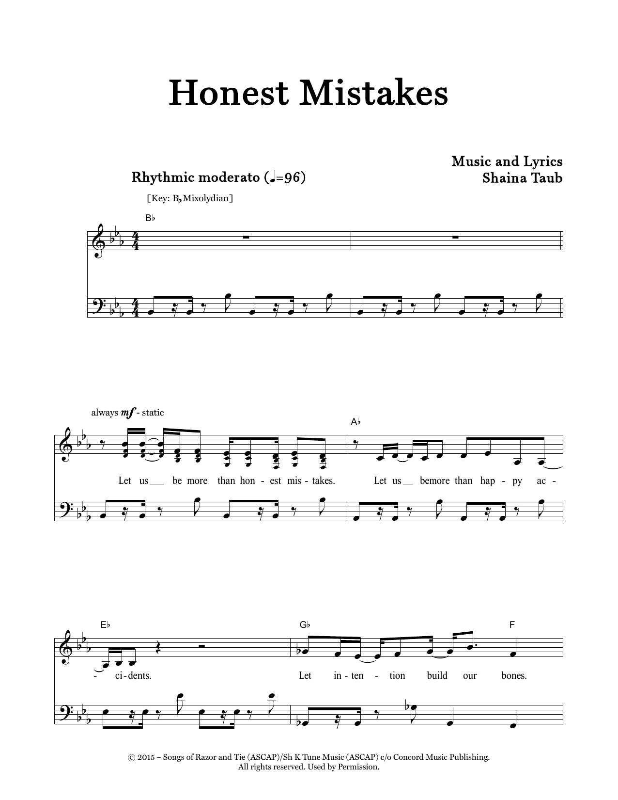 Shaina Taub Honest Mistakes sheet music notes and chords arranged for Piano & Vocal