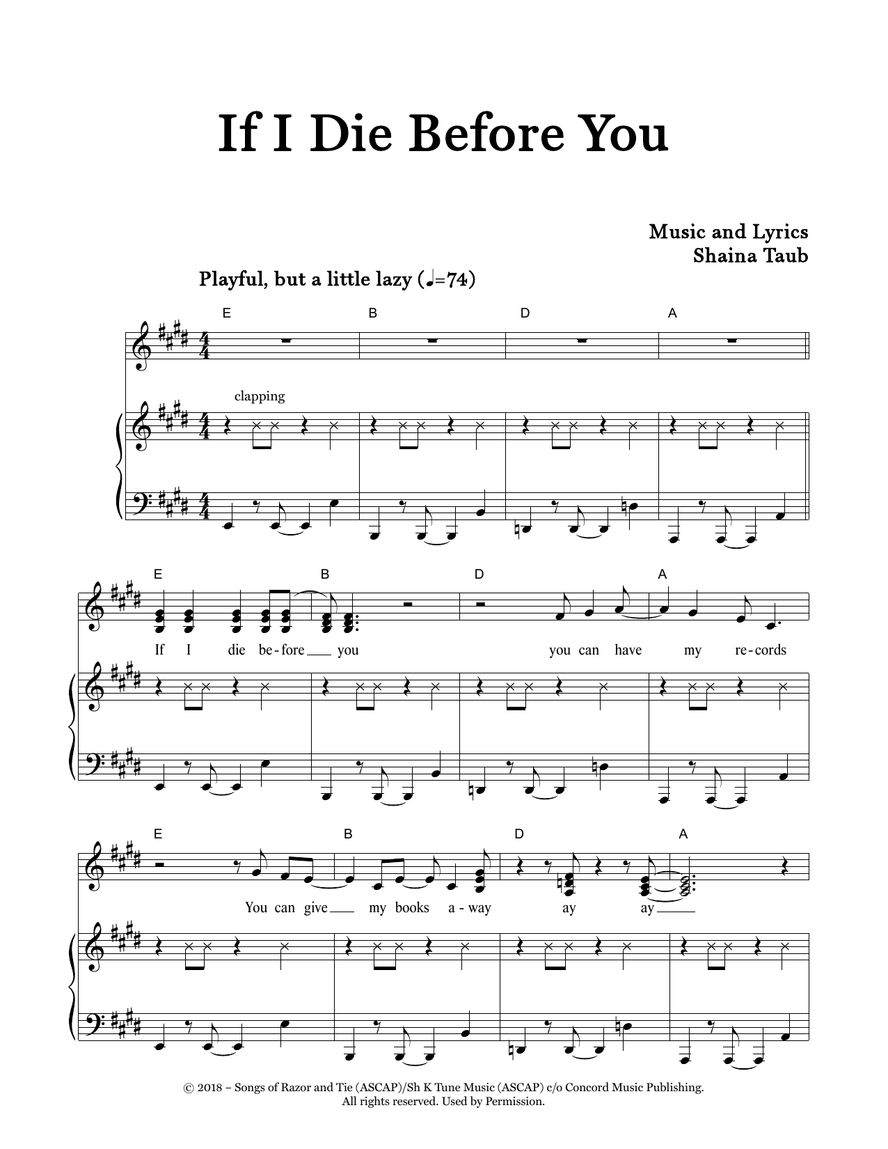 Shaina Taub If I Die Before You sheet music notes and chords arranged for Piano & Vocal