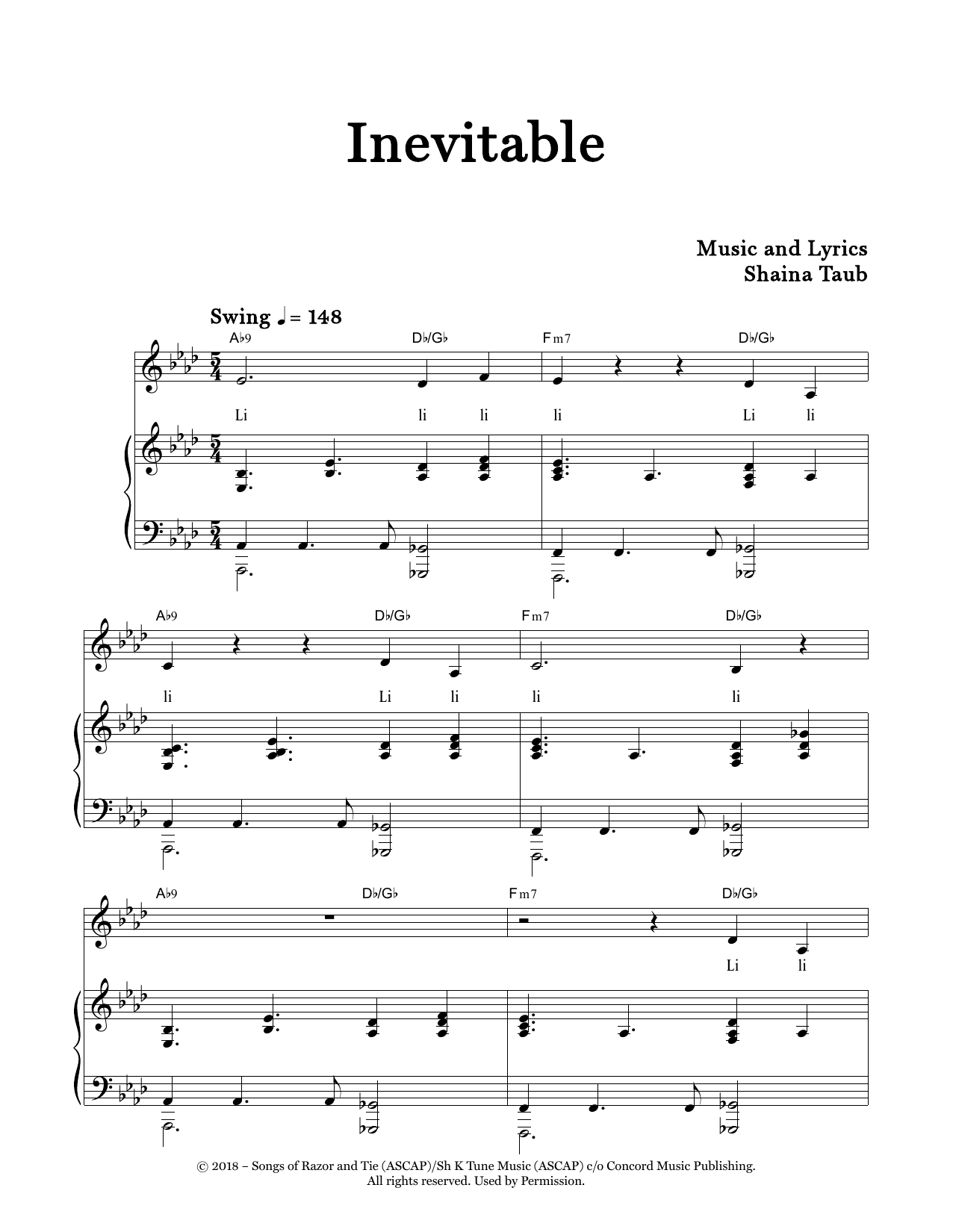 Shaina Taub Inevitable sheet music notes and chords arranged for Piano & Vocal
