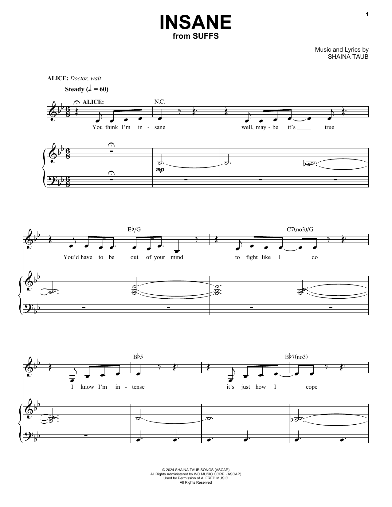 Shaina Taub Insane (from Suffs) sheet music notes and chords arranged for Piano & Vocal