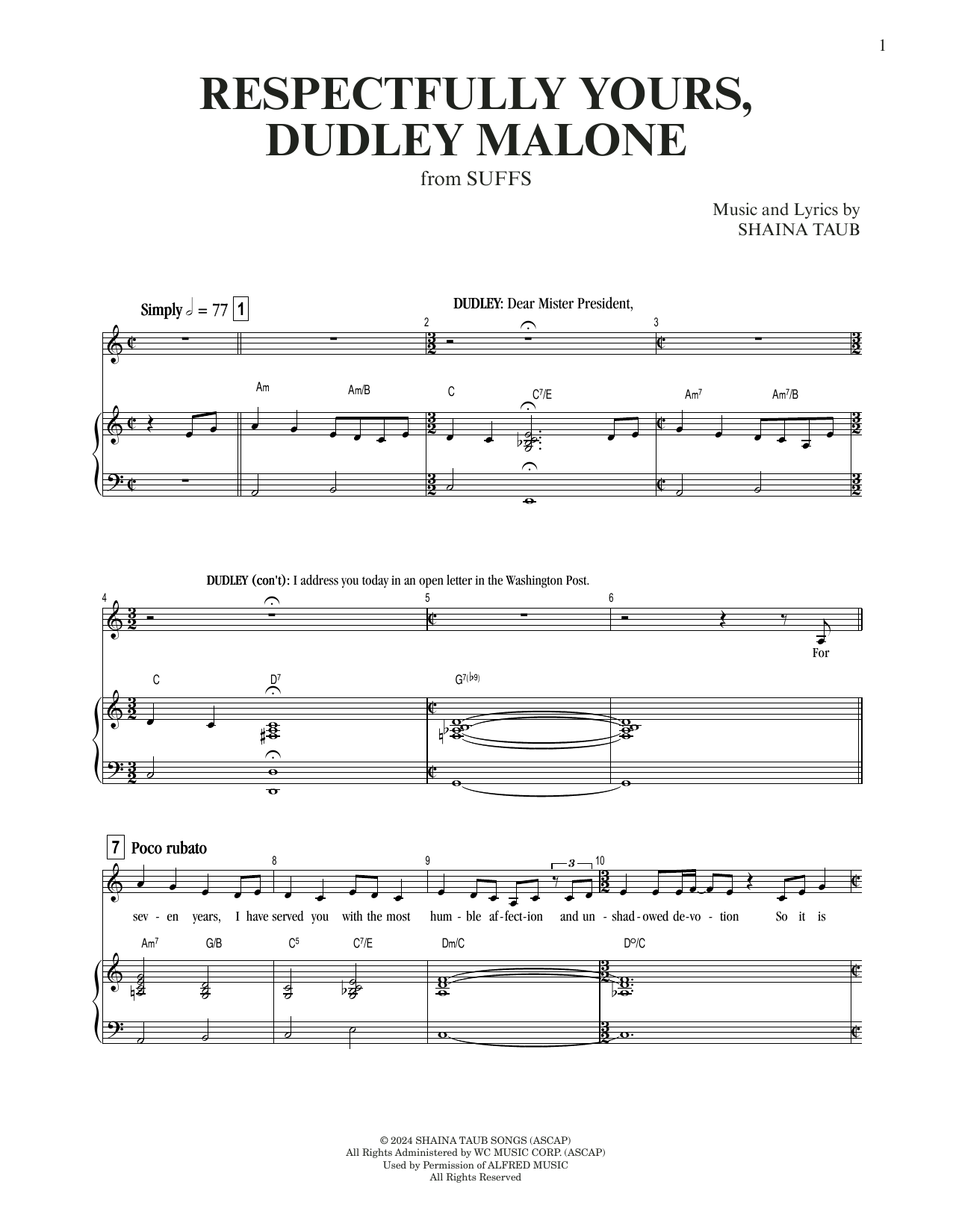 Shaina Taub Respectfully Yours, Dudley Malone (from Suffs) sheet music notes and chords arranged for Piano & Vocal