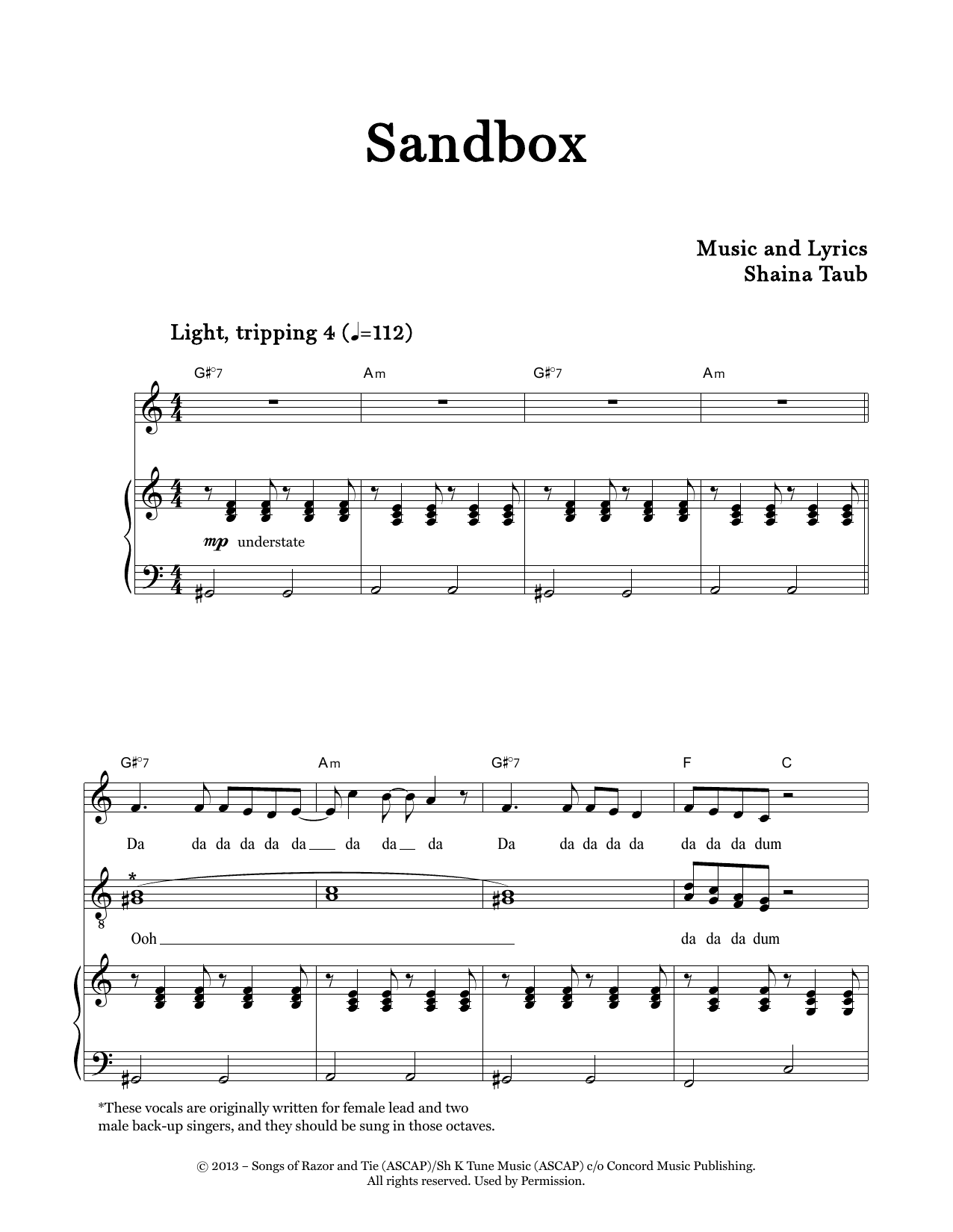 Shaina Taub Sandbox sheet music notes and chords arranged for Piano & Vocal