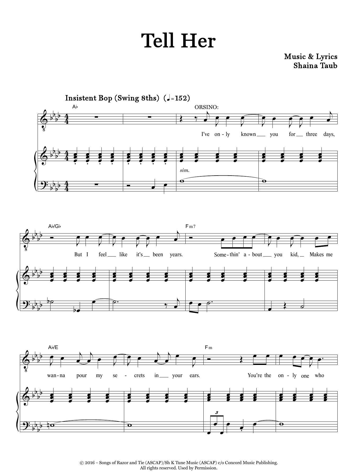 Shaina Taub Tell Her (from Twelfth Night) sheet music notes and chords arranged for Piano & Vocal