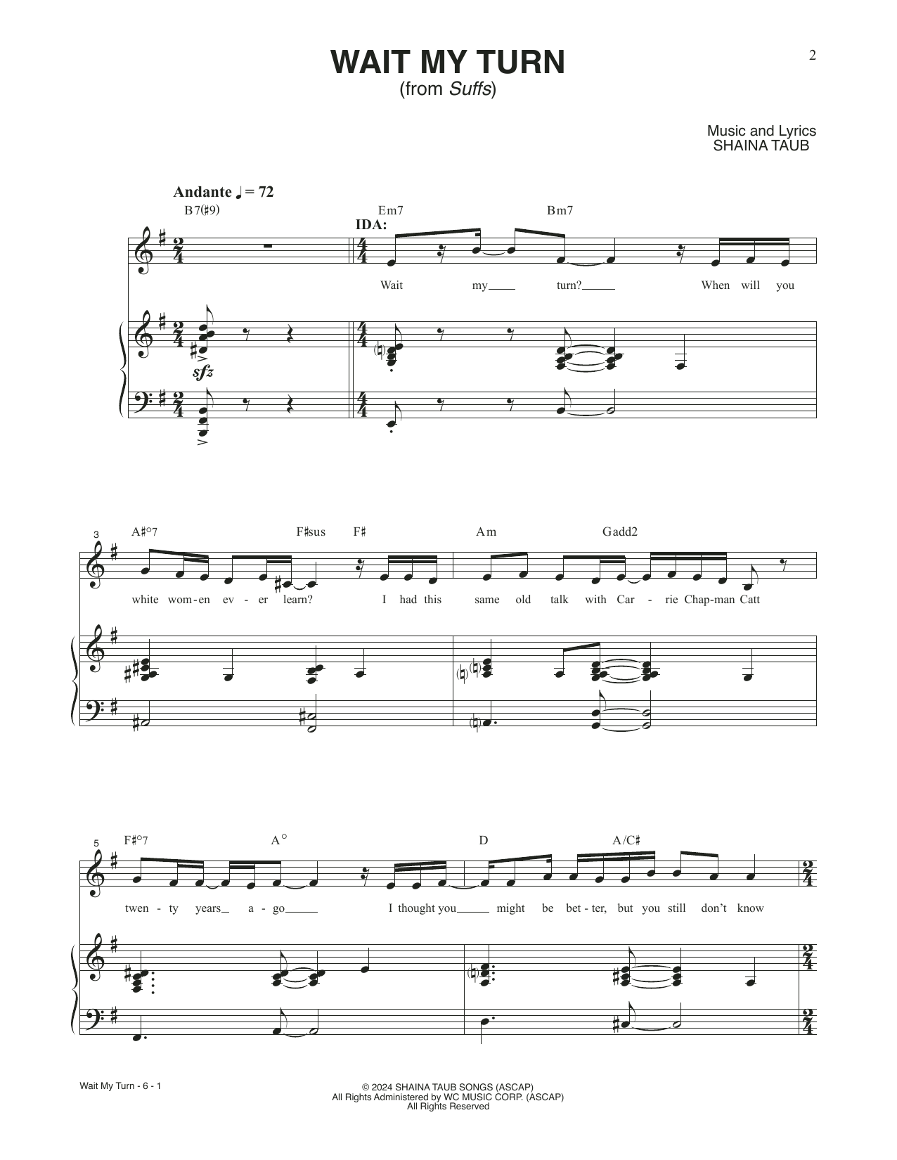 Shaina Taub Wait My Turn (from Suffs) sheet music notes and chords arranged for Piano & Vocal