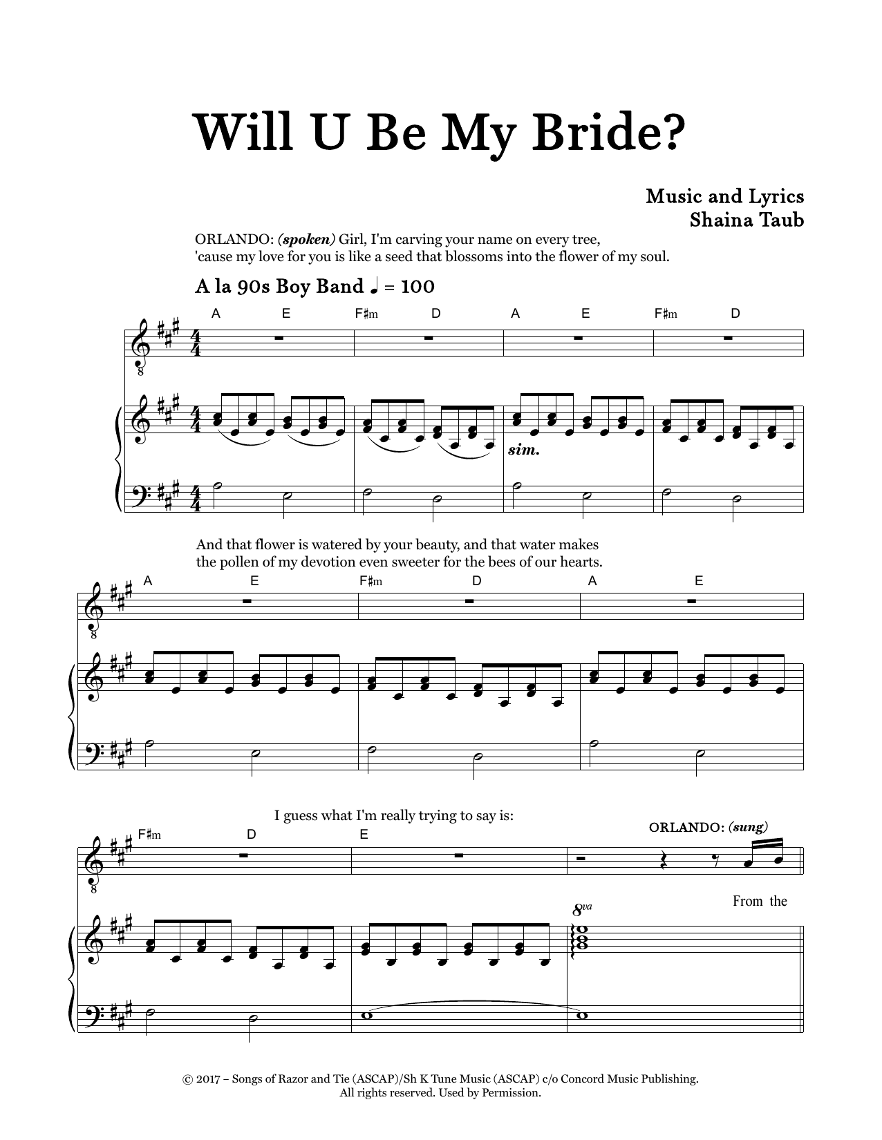 Shaina Taub Will U Be My Bride? (from As You Like It) sheet music notes and chords arranged for Piano & Vocal