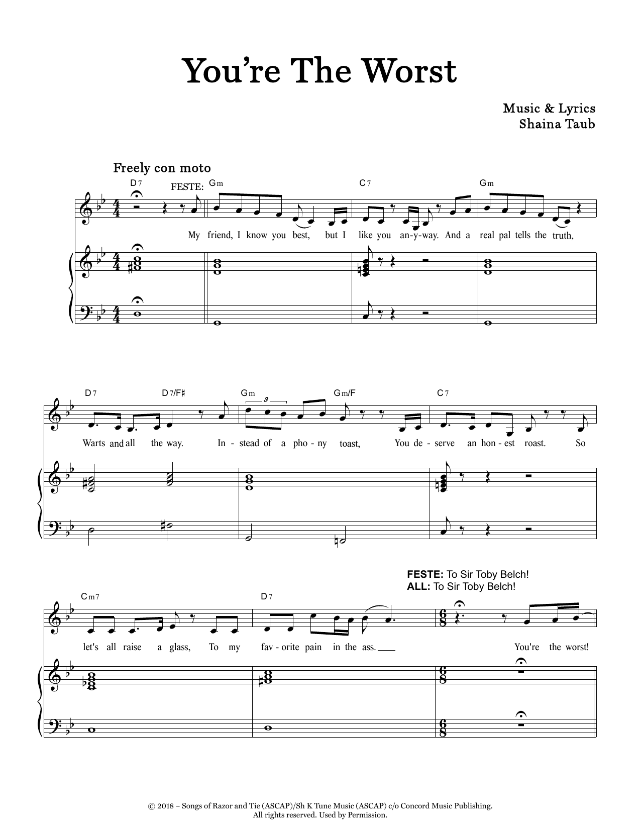 Shaina Taub You're The Worst (from Twelfth Night) sheet music notes and chords arranged for Piano & Vocal