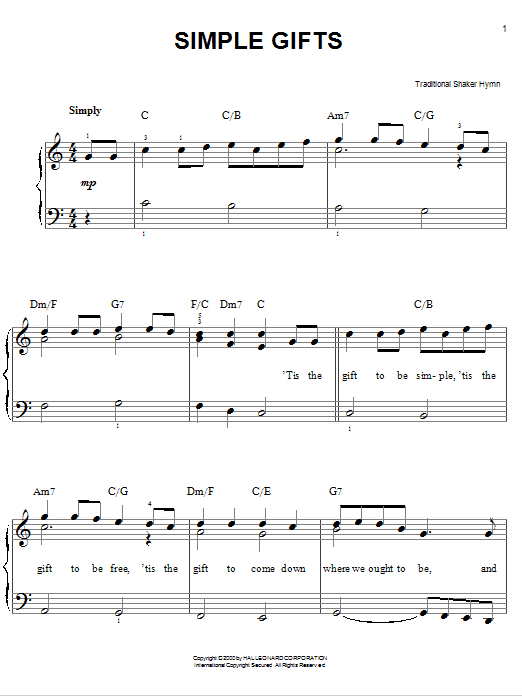 Traditional Shaker Hymn Simple Gifts sheet music notes and chords arranged for Piano & Vocal