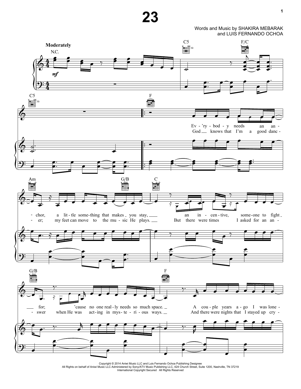 Shakira 23 sheet music notes and chords arranged for Piano, Vocal & Guitar Chords (Right-Hand Melody)