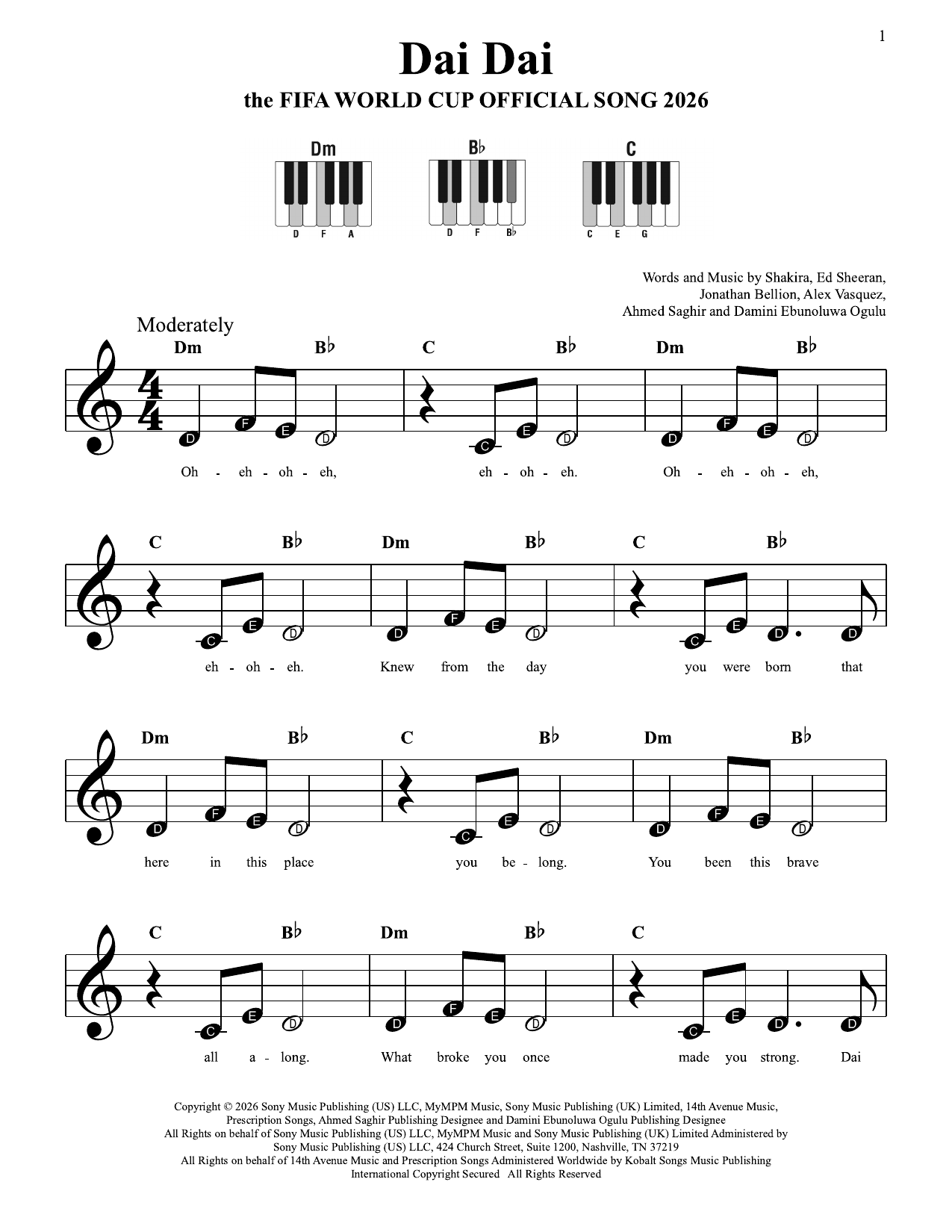 Shakira & Burna Boy Dai Dai (FIFA World Cup 2026) sheet music notes and chords arranged for Super Easy Piano