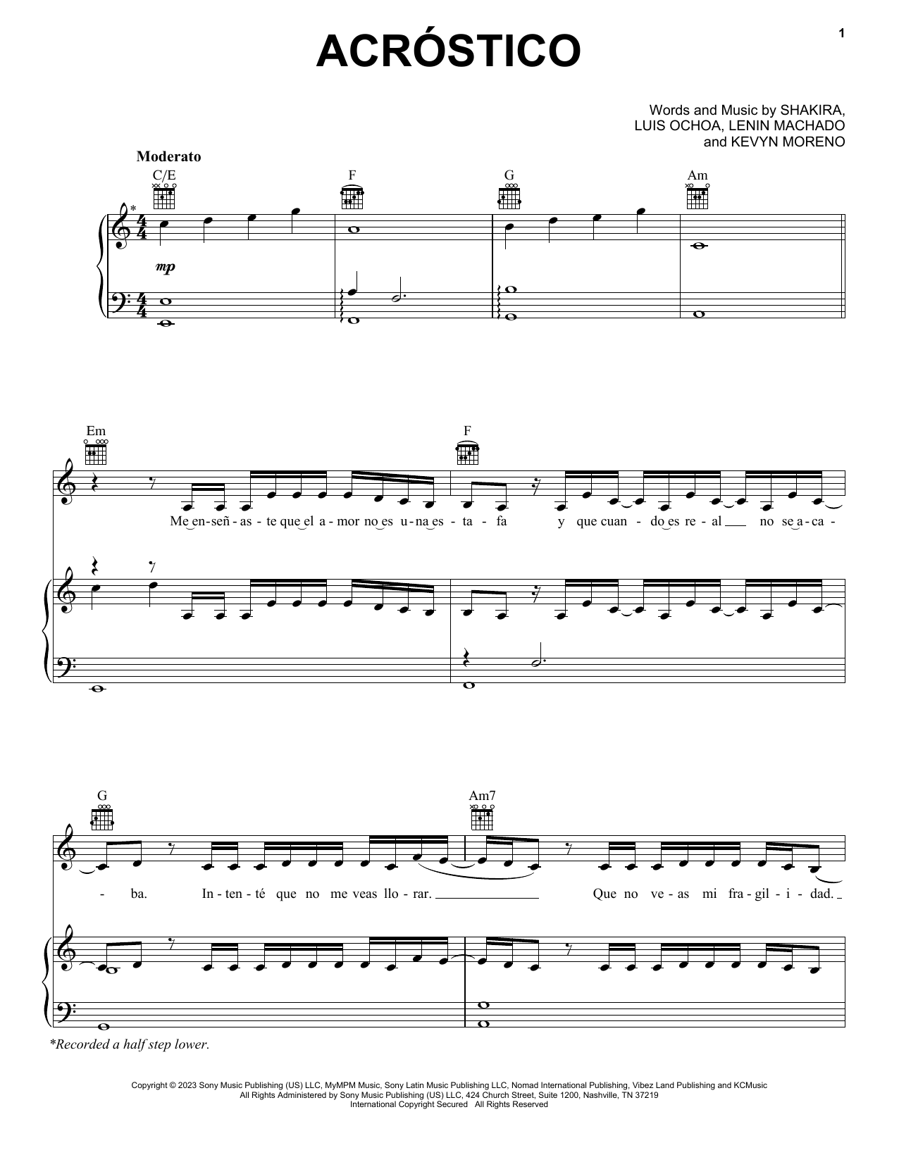 Shakira Acróstico sheet music notes and chords arranged for Piano, Vocal & Guitar Chords (Right-Hand Melody)