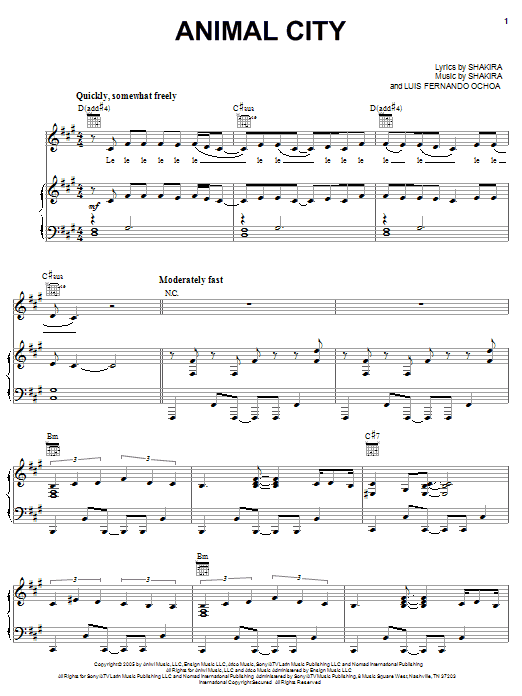 Shakira Animal City sheet music notes and chords arranged for Piano, Vocal & Guitar Chords (Right-Hand Melody)