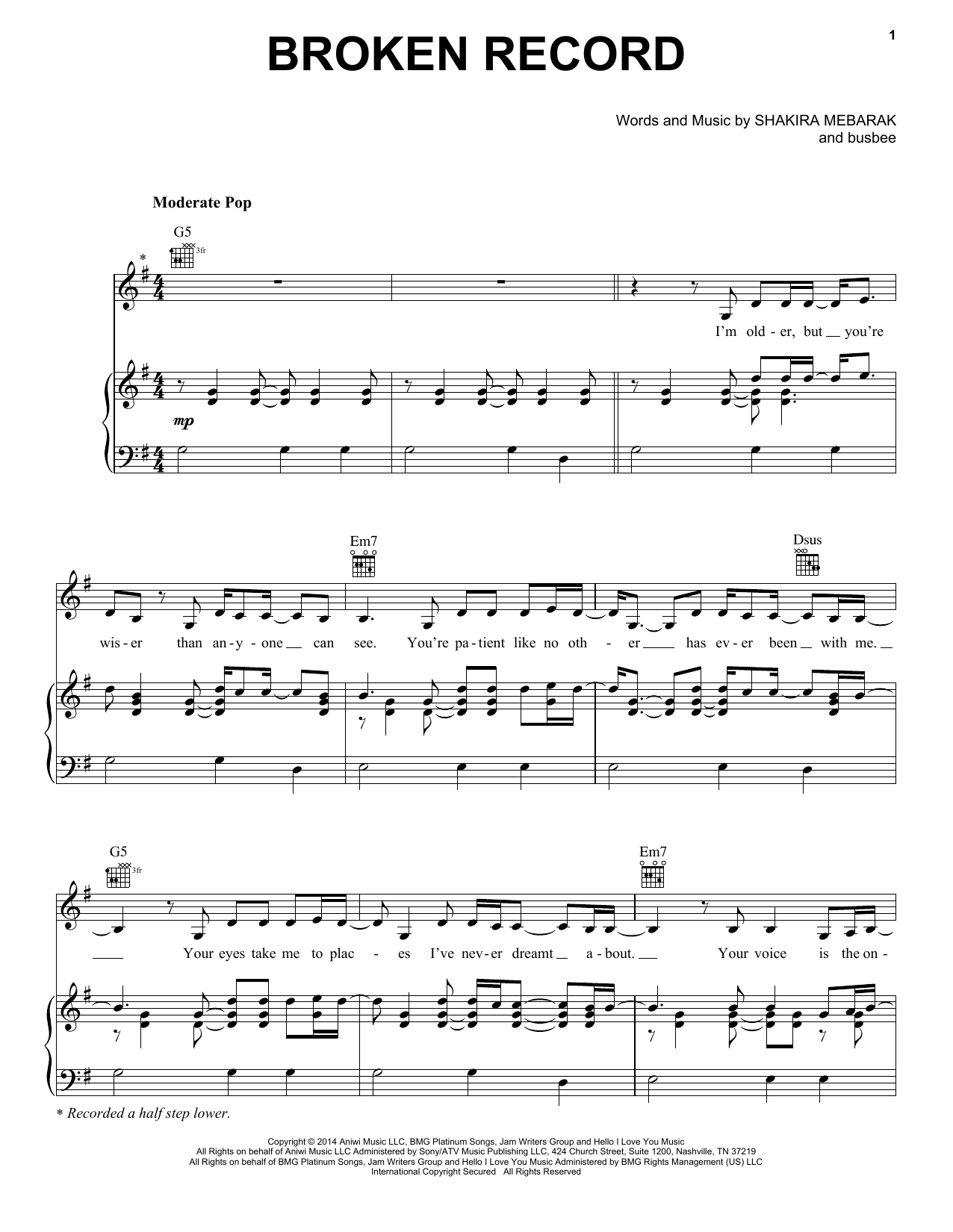 Shakira Broken Record sheet music notes and chords arranged for Piano, Vocal & Guitar Chords (Right-Hand Melody)