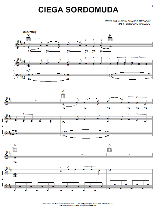 Shakira Ciega Sordomuda sheet music notes and chords arranged for Piano, Vocal & Guitar Chords (Right-Hand Melody)