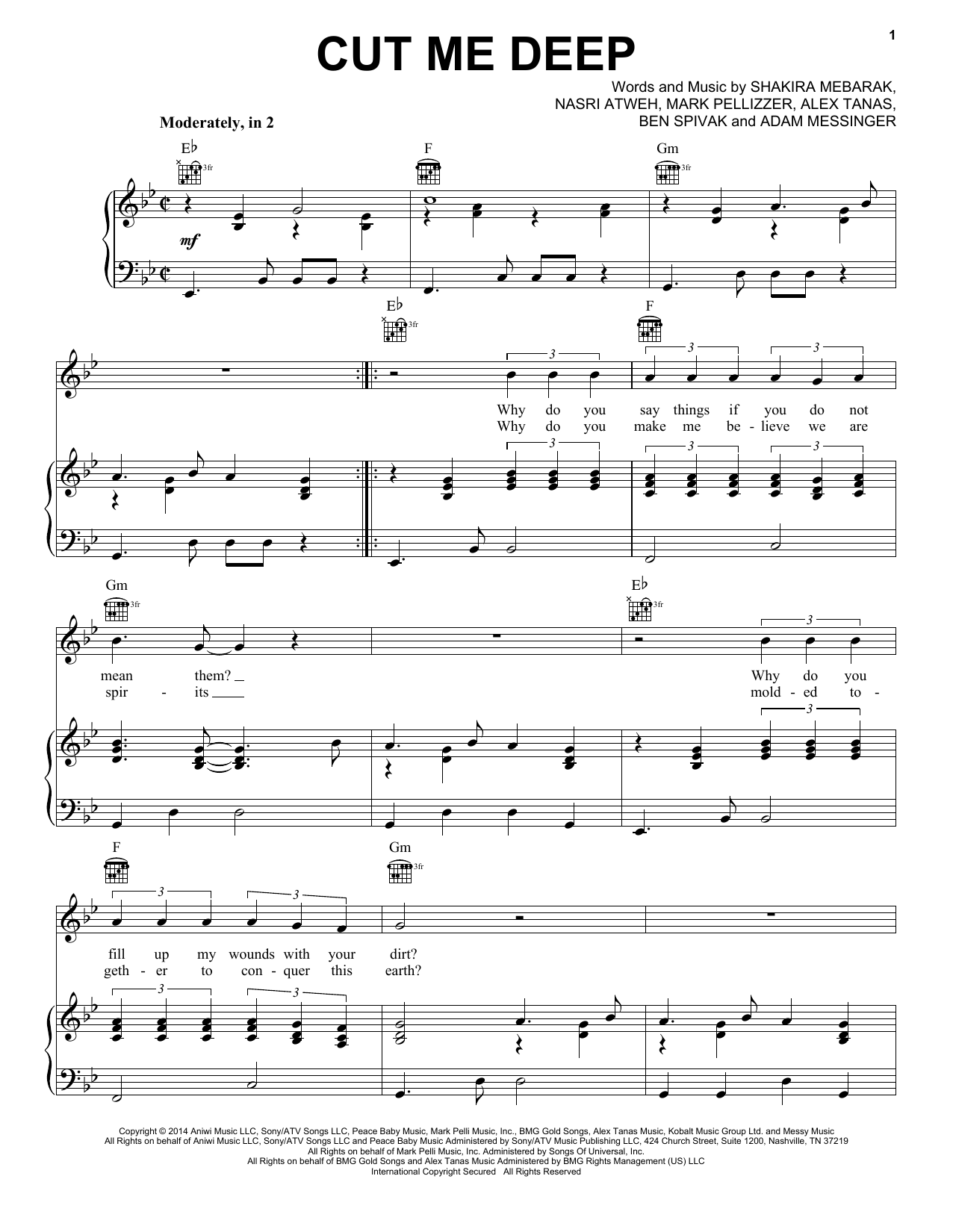Shakira Cut Me Deep sheet music notes and chords arranged for Piano, Vocal & Guitar Chords (Right-Hand Melody)