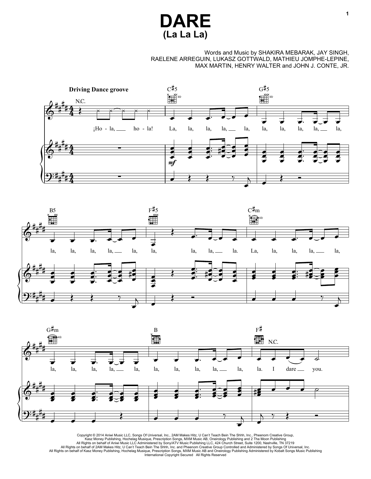 Shakira Dare (La La La) sheet music notes and chords arranged for Piano, Vocal & Guitar Chords (Right-Hand Melody)