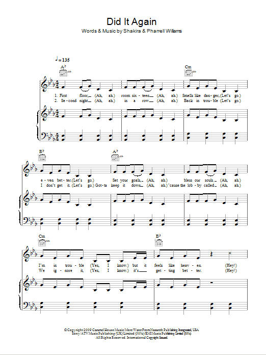 Shakira Did It Again sheet music notes and chords arranged for Piano, Vocal & Guitar Chords