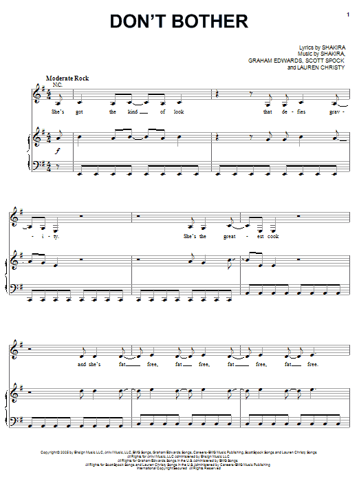 Shakira Don't Bother sheet music notes and chords arranged for Piano, Vocal & Guitar Chords (Right-Hand Melody)