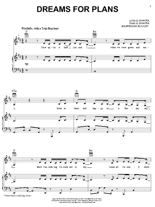 Shakira Dreams For Plans sheet music notes and chords arranged for Piano, Vocal & Guitar Chords (Right-Hand Melody)