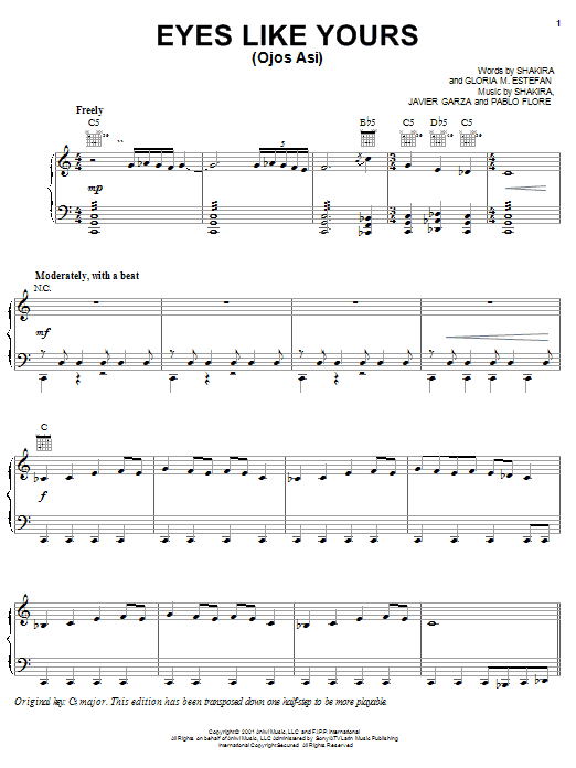 Shakira Eyes Like Yours (Ojos Asi) sheet music notes and chords arranged for Piano, Vocal & Guitar Chords (Right-Hand Melody)