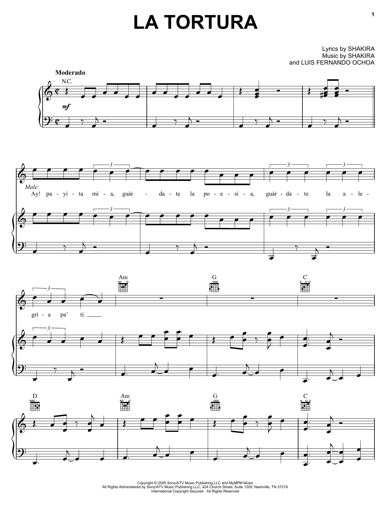 Shakira featuring Alejandro Sanz La Tortura sheet music notes and chords arranged for Piano, Vocal & Guitar Chords (Right-Hand Melody)