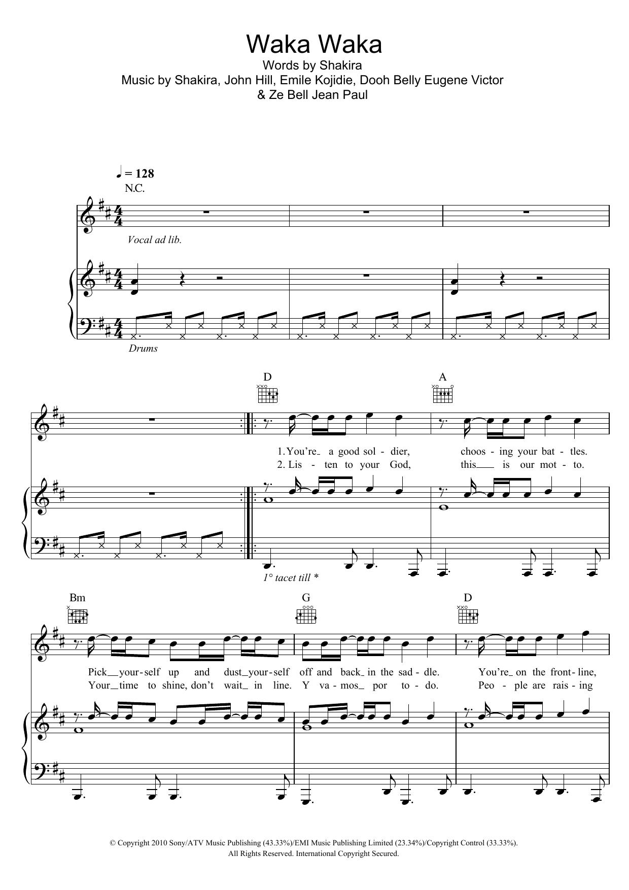 Shakira featuring Freshlyground Waka Waka (This Time For Africa) (featuring Freshlyground) sheet music notes and chords arranged for Piano, Vocal & Guitar Chords