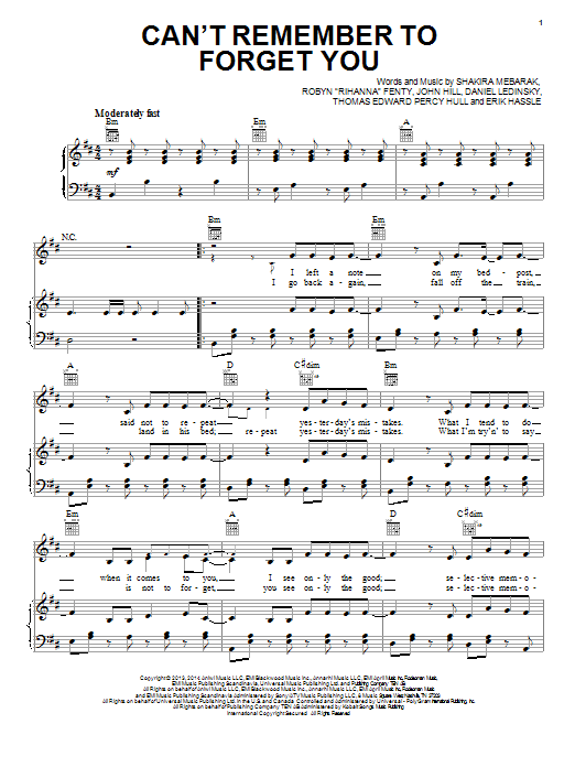 Shakira Featuring Rihanna Can't Remember To Forget You sheet music notes and chords arranged for Piano, Vocal & Guitar Chords (Right-Hand Melody)