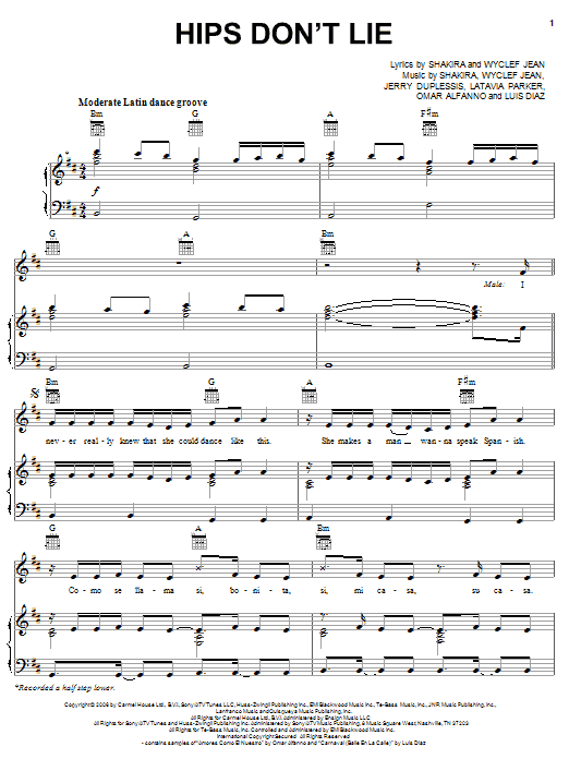 Shakira featuring Wyclef Jean Hips Don't Lie sheet music notes and chords arranged for Piano, Vocal & Guitar Chords (Right-Hand Melody)