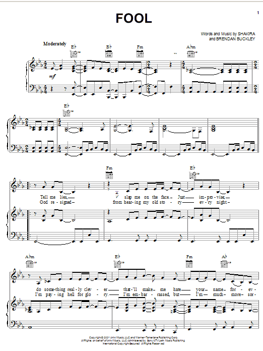 Shakira Fool sheet music notes and chords arranged for Piano, Vocal & Guitar Chords (Right-Hand Melody)