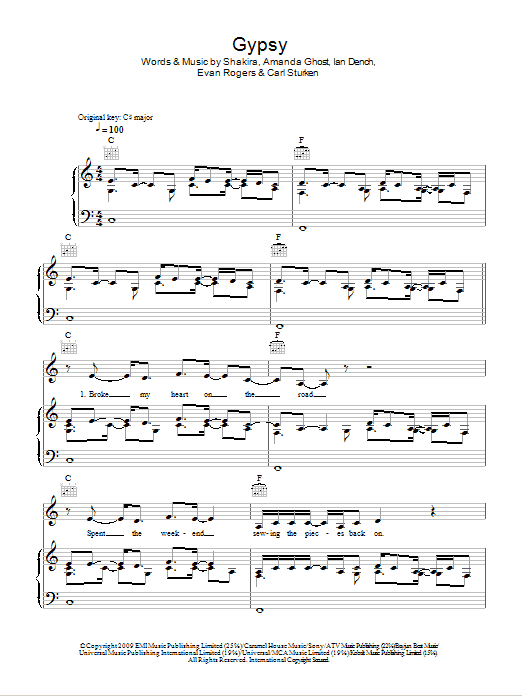 Shakira Gypsy sheet music notes and chords arranged for Piano, Vocal & Guitar Chords