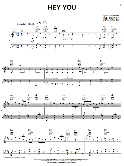 Shakira Hey You sheet music notes and chords arranged for Piano, Vocal & Guitar Chords (Right-Hand Melody)