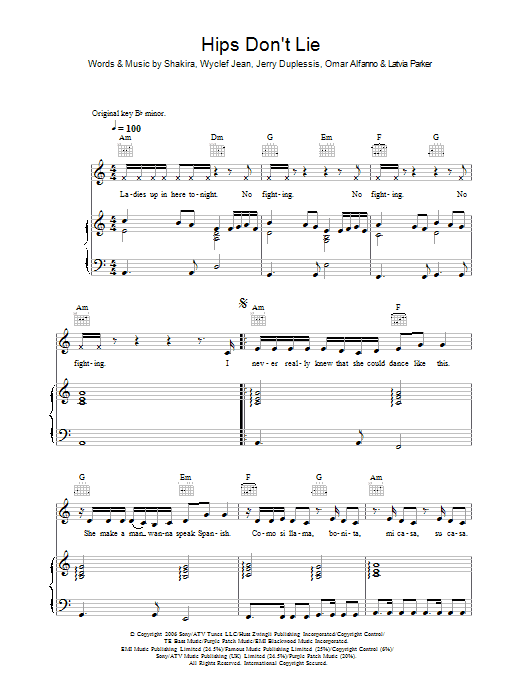 Shakira Hips Don't Lie sheet music notes and chords arranged for Piano, Vocal & Guitar Chords
