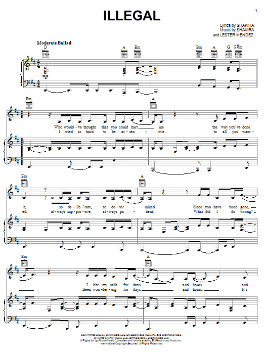 Shakira Illegal sheet music notes and chords arranged for Piano, Vocal & Guitar Chords (Right-Hand Melody)
