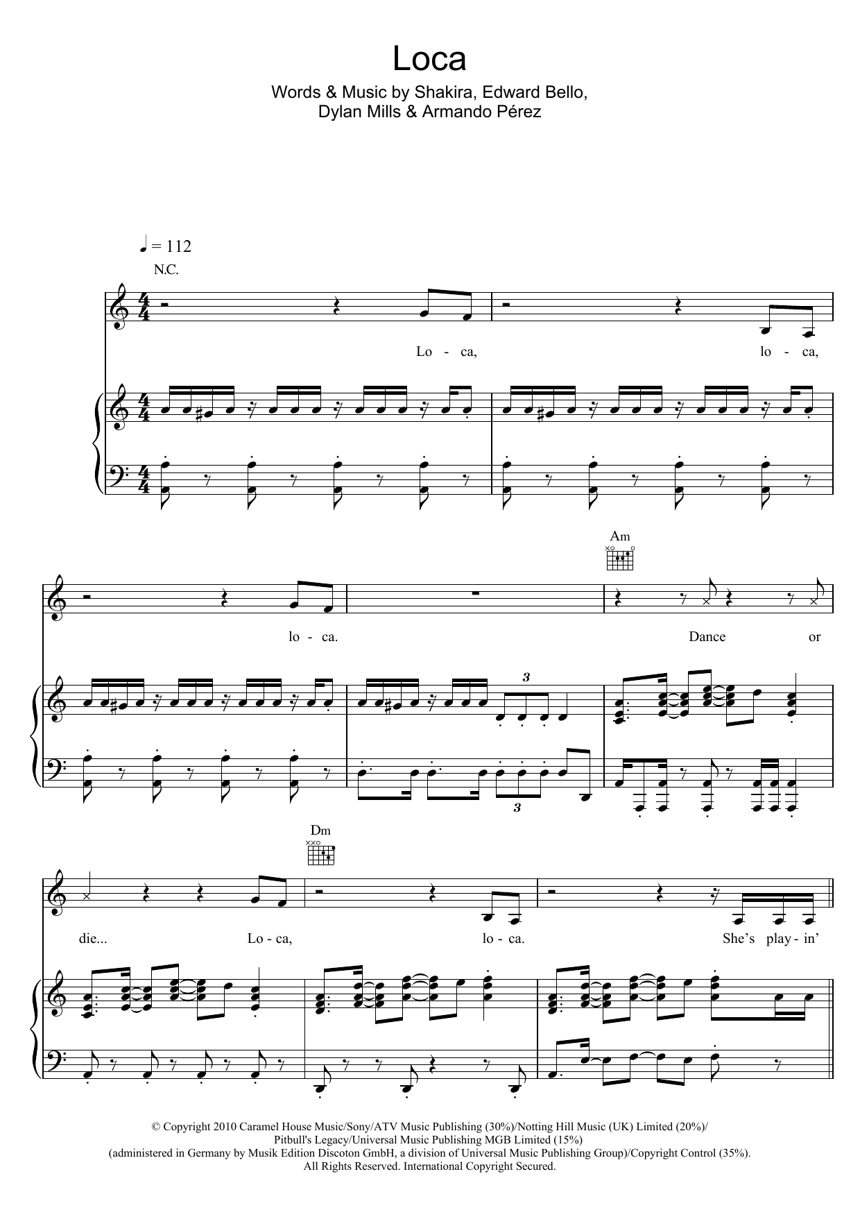 Shakira Loca (featuring Dizzee Rascal) sheet music notes and chords arranged for Piano, Vocal & Guitar Chords