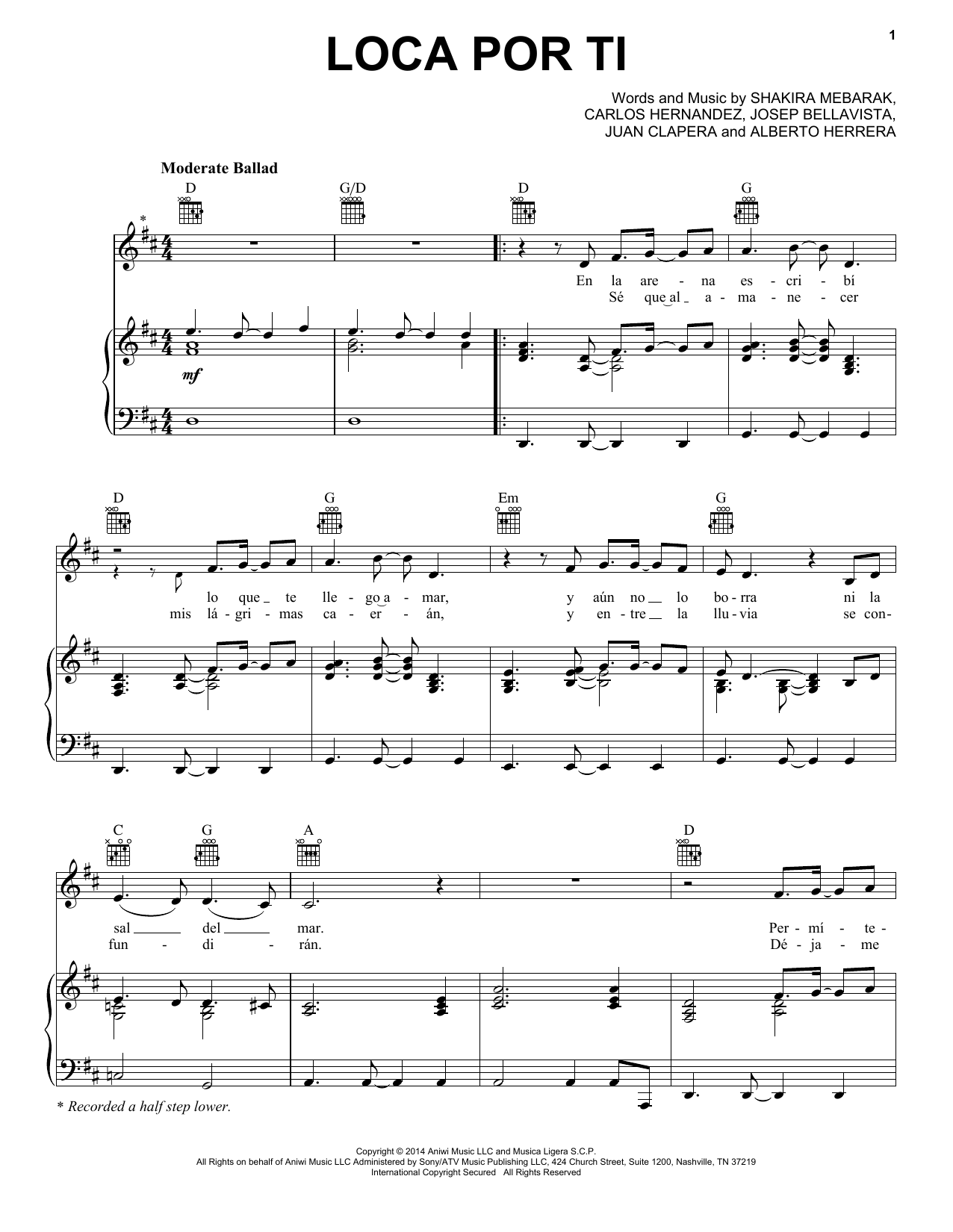 Shakira Loca Por Ti sheet music notes and chords arranged for Piano, Vocal & Guitar Chords (Right-Hand Melody)