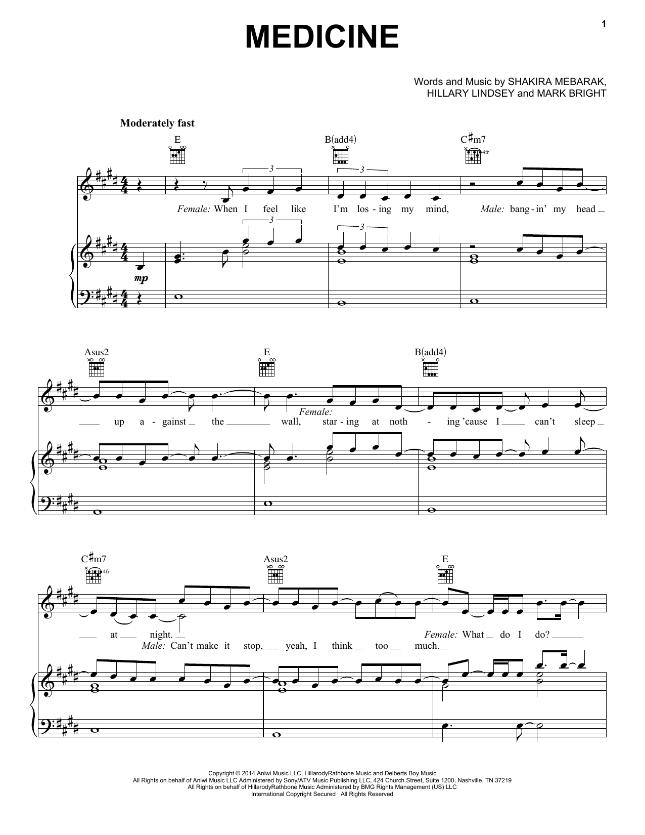 Shakira Medicine sheet music notes and chords arranged for Piano, Vocal & Guitar Chords (Right-Hand Melody)