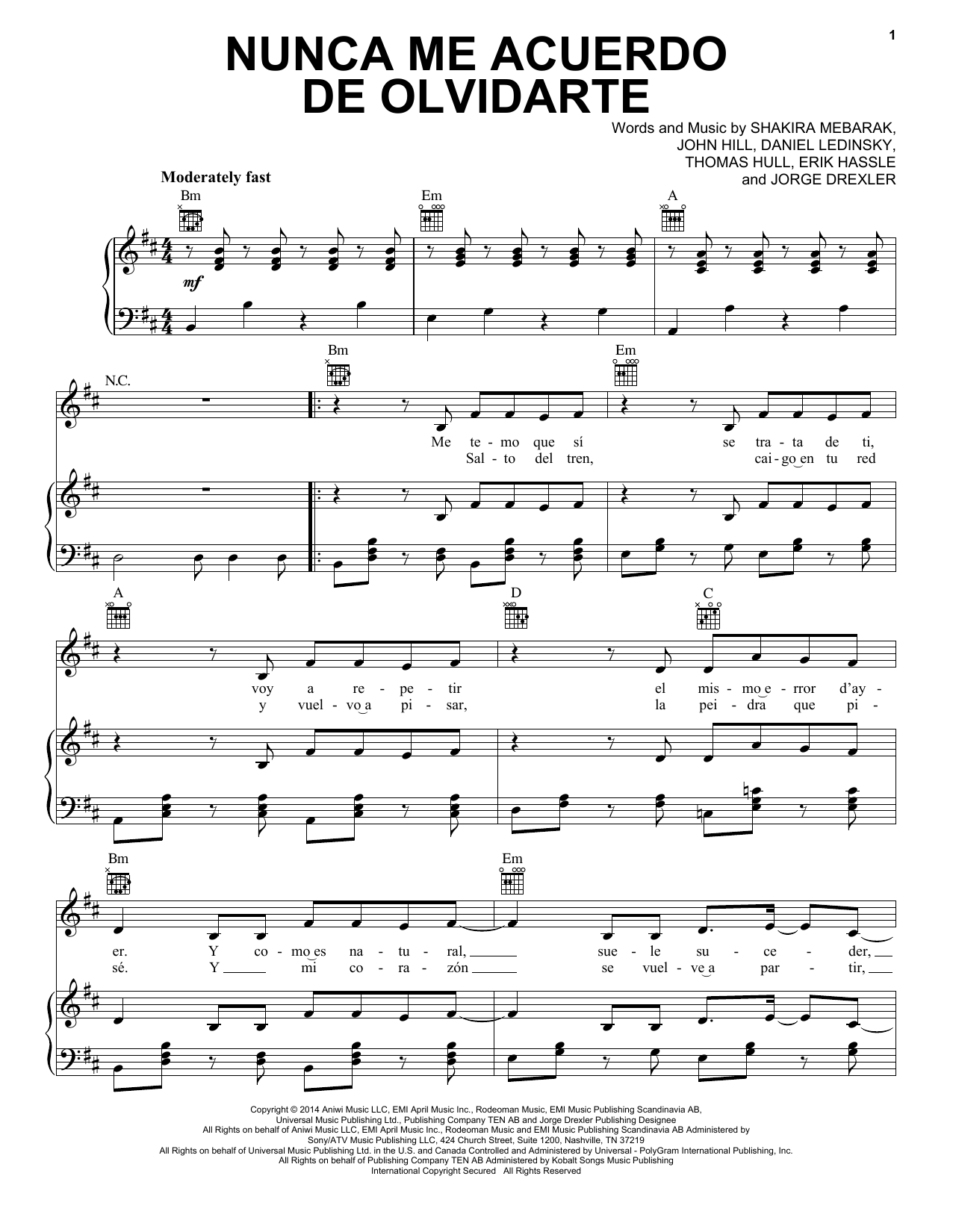 Shakira Nunca Me Acuerdo De Olvidarte sheet music notes and chords arranged for Piano, Vocal & Guitar Chords (Right-Hand Melody)